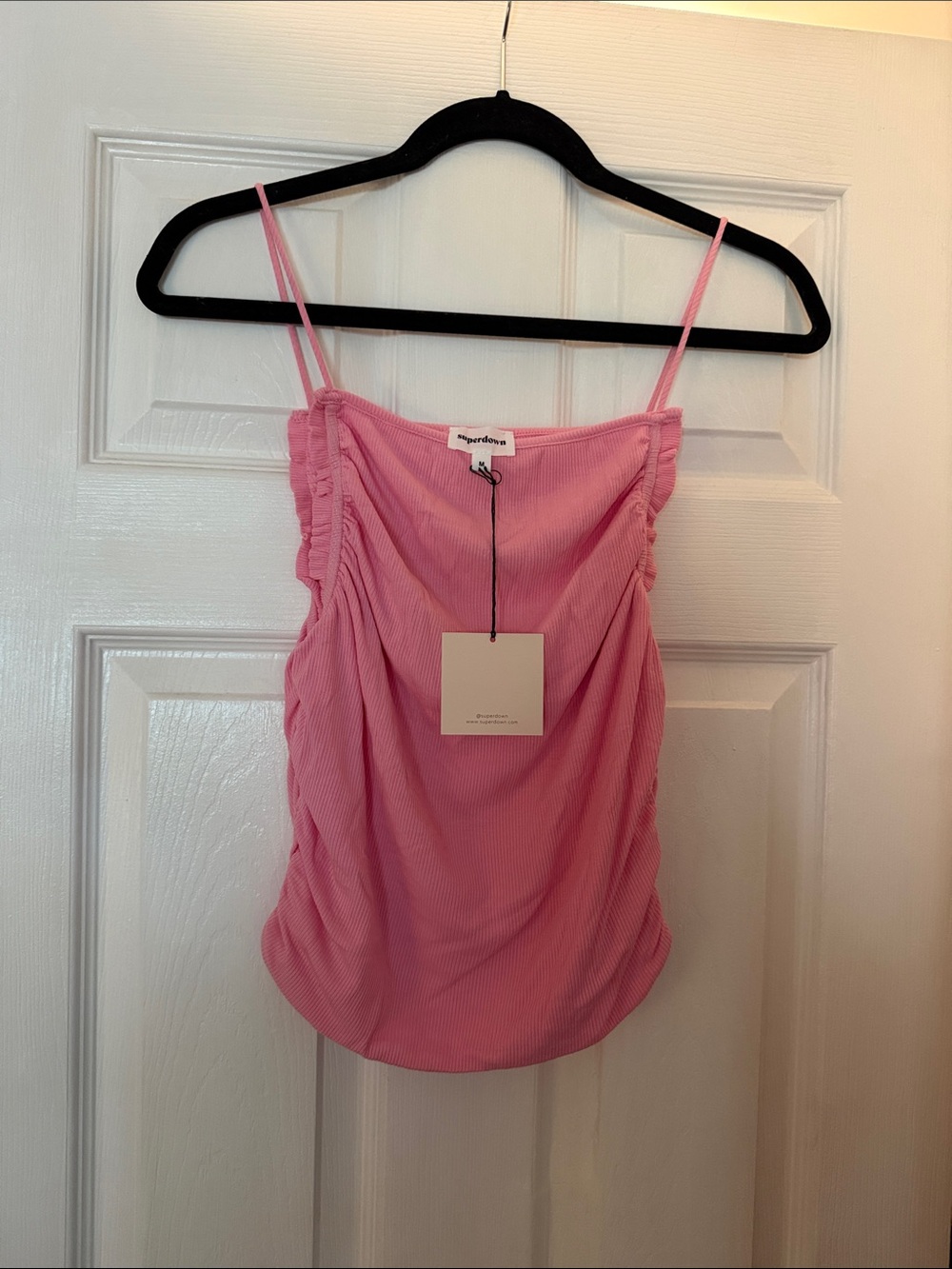 Superdown Pink Ribbed Ruffle-Trim Camisole